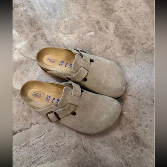 Birkenstock Shoes - Birkenstock Boston taupe suede mule clogs